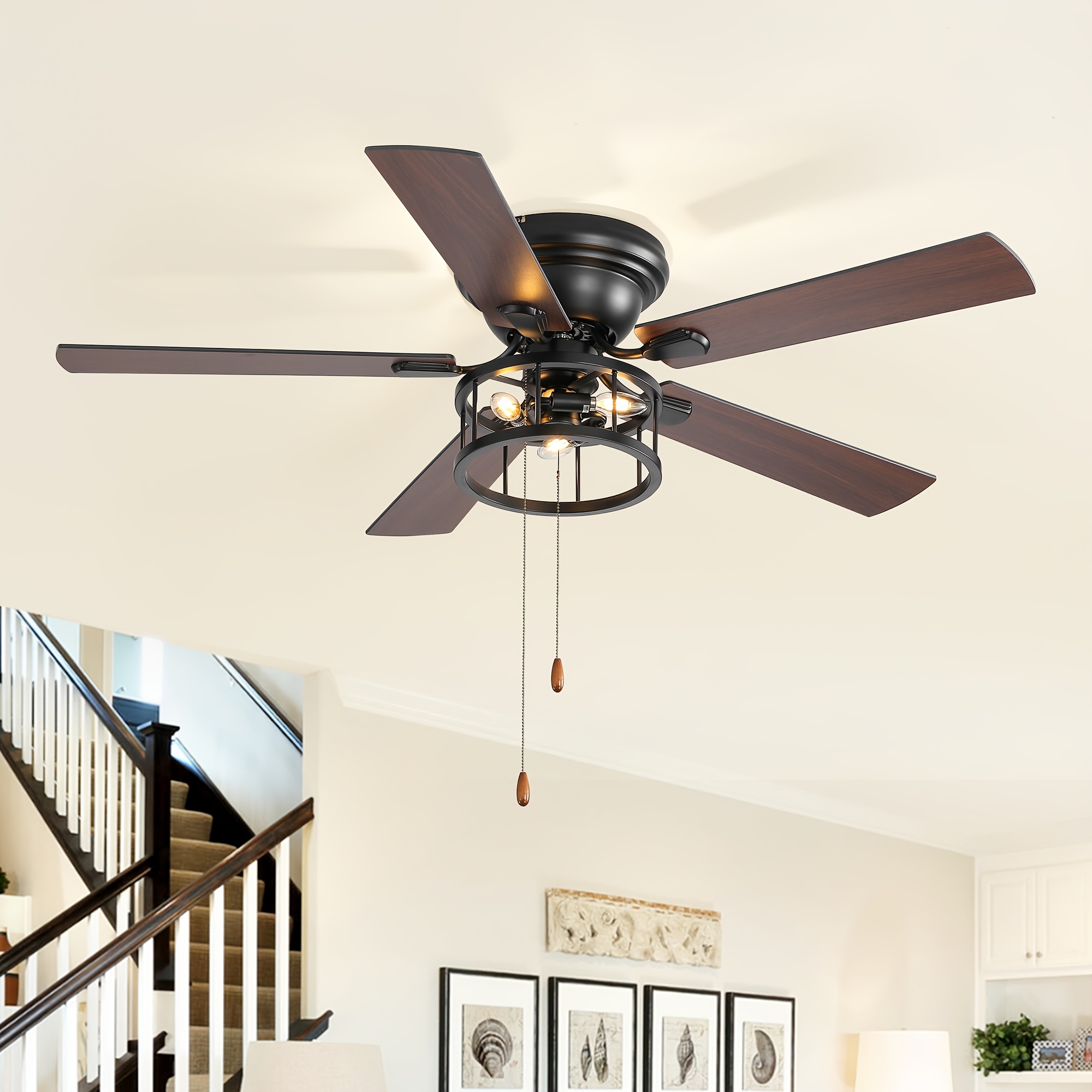 52in Black Flush Mount Industrial Indoor Ceiling Fan with Pullchin