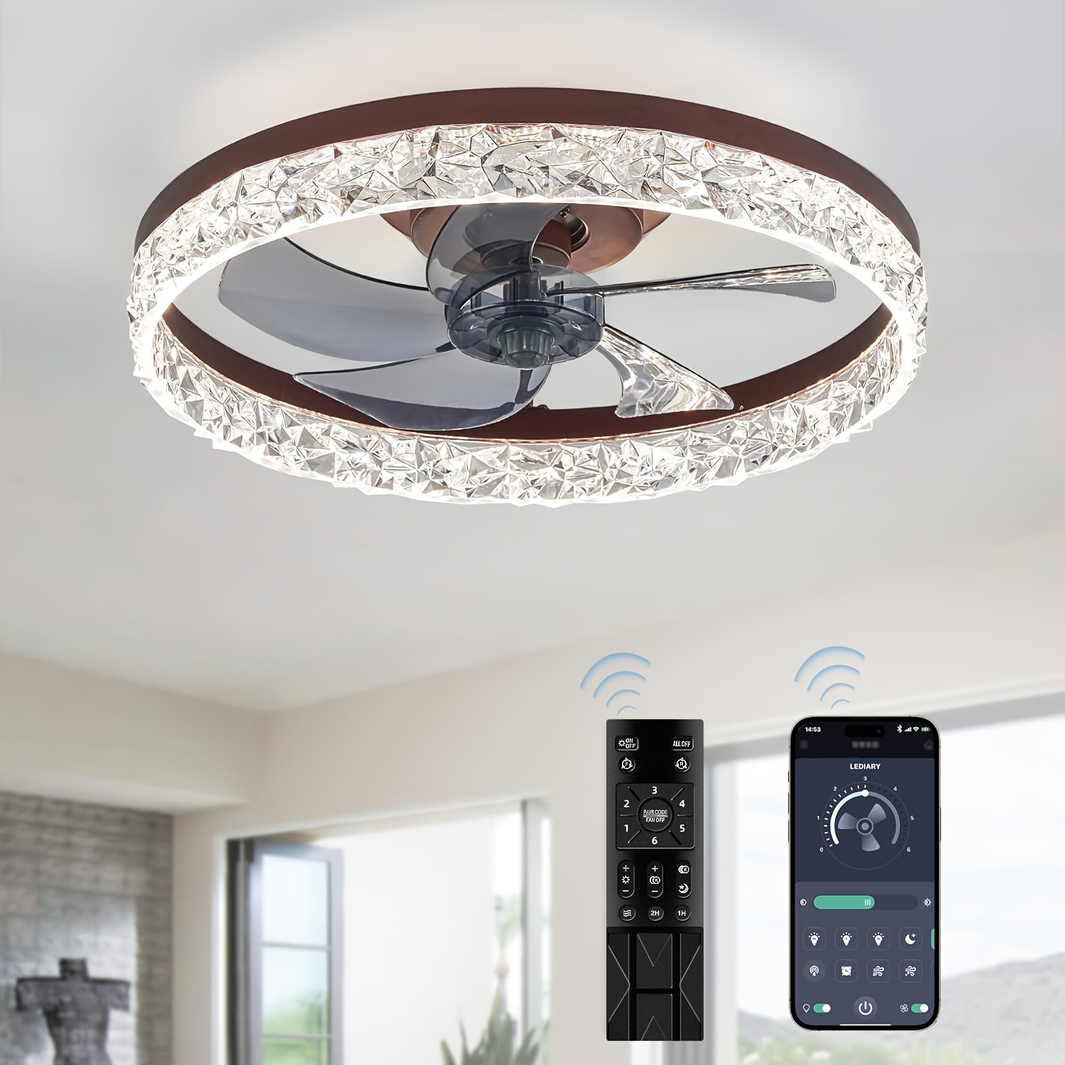 19.7-inch modern ceiling fan with light and remote control, low-profile flush-mount design, 3000K-6500K dimmable bladeless LED fan light, indoor ceiling fan, Ceiling Fan Light Fixture, Home Air Circulation, Durable Matte Finish, Efficient Airflow Design